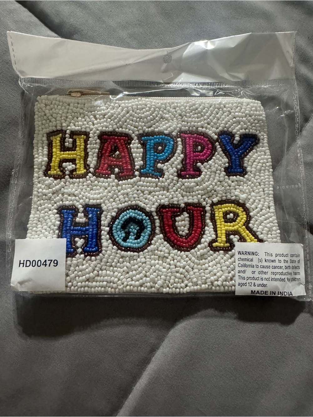 Beaded Mini Pouch - White with Multicolor 'HAPPY HOUR' Lettering